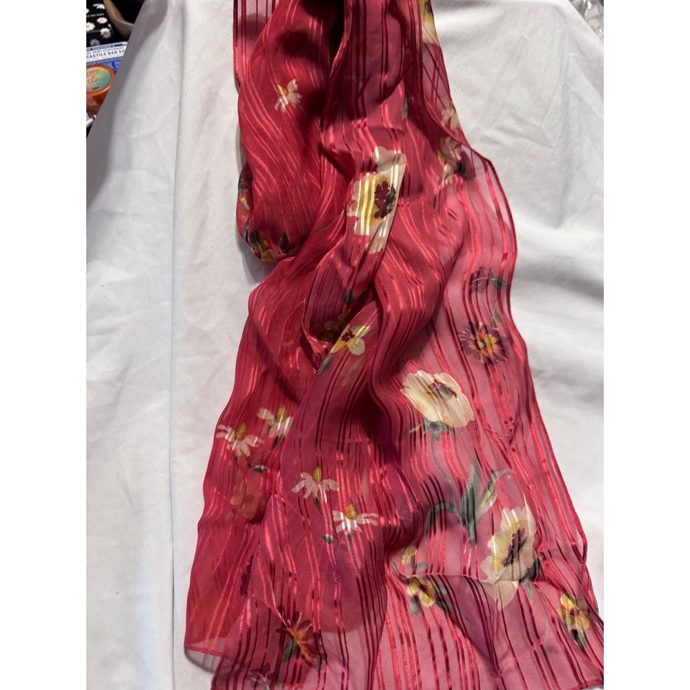 Lauren Ralph Lauren Silk Scarf Red Floral Striped Sheer Lightweight Accessory - Picture 3 of 6